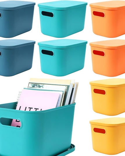 Hoolerry 8 Pieces Colorful Storage Bins with Lid, Plastic Storage Basket Organizing Container Stackable Box with Handle for Shelves Desktop Playroom Office(10.2 x 7 x 6.3 Inch,Multi-colored)