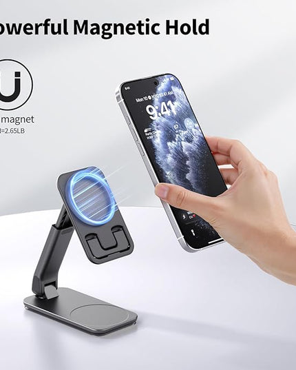 iWALK Magnetic Cell Phone Stand for Desk, Angle and Height Adjustable Mobile Phone Holder, Foldable Magnet Stand for iPhone 17 16 15 14 13 12 Pro Max and iPad, Cell Phone Holder for Samsung, Black