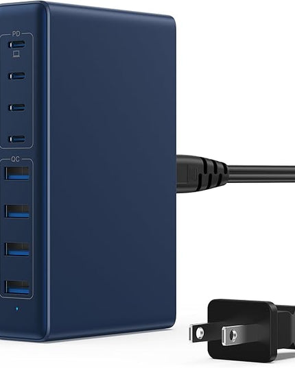 200W USB C Charger Block,GaN IV Charging Station 8 Ports,QC4.0 Fast Charging Station Hub+PD 65W USB C Laptop Charger Adapter Compatible with MacBook Air/Pro,DELL,iPhone 17/16,iPad,Steam Deck-Deep Blue