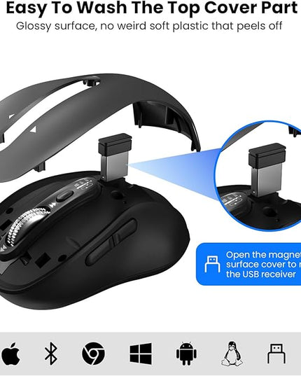 Wireless Bluetooth Mouse,Multi Device Ergo Computer Mouses,Metal 4-Way Super Scrolling,± 3200 DPI,10 Buttons,Plug&Play,Quiet,Rechargeable,USB Cordless Mice for Laptop,Tablet,Mac,iPad,PC,Phone (Grey)