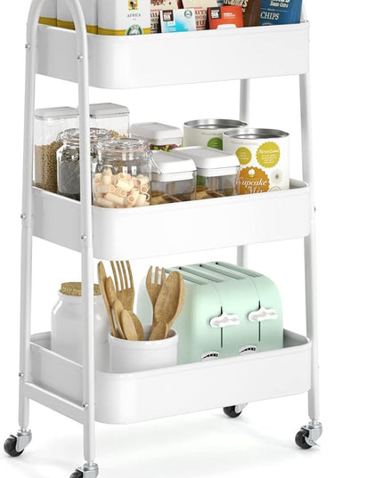 EAGMAK 3 Tier Utility Rolling Cart, Metal Storage Cart with Handle and Lockable Wheels, Multifunctional Storage Organizer Trolley with Mesh Baskets for Kitchen, Living Room, Office, Garage (White)