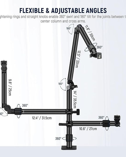NEEWER Overhead Camera Desk Mount Rig Stand with 2 Boom Arms for Photography Devices: Video Light Ring Light Phone Mount Webcam Mic Compact DSLR for Home Office Studio Live Streaming Broadcast, ST008
