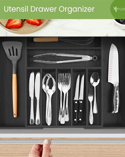 Purawood Bamboo Drawer Organizer - Expandable Silverware Organizer & Utensil Organizer, Cutlery Tray with Dividers, 7-9 Slots - Premium Kitchen Drawer Organizer for Utensils & Flatware (Black)