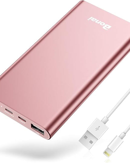 BONAI Portable Charger 12,000mAh 5V/3A Fast Charging Power Bank, Dural Input & Output Ports (USB-C in & Out) Portable Phone Charger for iPhone 17/16/15/14/13/12 Series Galxy Android iPad etc- Pink