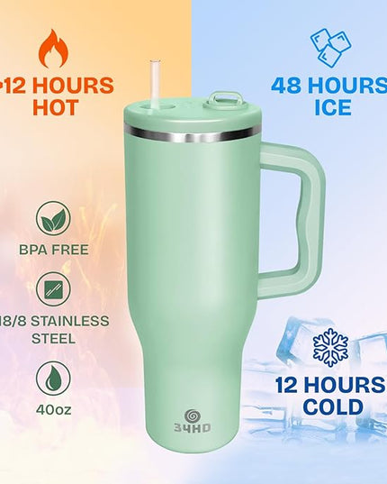 34HD 40 oz Stainless Steel Tumbler - Leakproof Insulated Water Bottle with Handle, Magnetic Lid and Flexible Straw - Iced for 48 Hours – Perfect for Men, Women, Birthday Gift, Green - Matcha Whisper