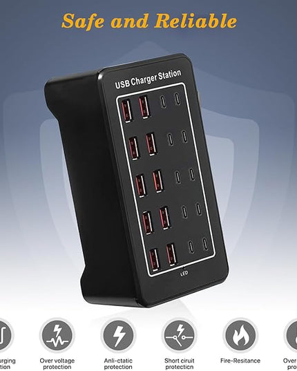 USB C Charger Block 100W USB C Charging Station, 20Port (20A) Multiple Charging Hub Desktop 10 Port USB Charger Compatible for Apple iPhone, iPad, Samsung, Pixel, Cell Phone, Tablets, Office Home Use