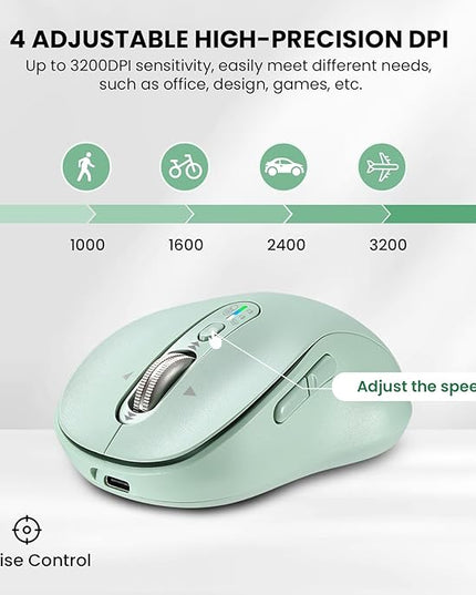 Wireless Bluetooth Mouse for Laptop,USB+BT×2,Quiet Ergo Computer Mouses,Metal 4-Way Super Scrolling,± 3200 DPI,Rechargeable,10 Button,Plug&Play,Multi Device Cordless Mice for iPad,Tablet,Mac,PC(Green)