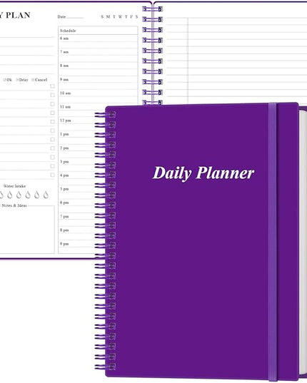 Daily Planner Undated - B5 To Do List Notebook Hourly Schedules, Spiral Appointment Planner for Women and Men, PVC Hardcover, Inner Pocket, Elastic Closure, 7" x 10", Purple