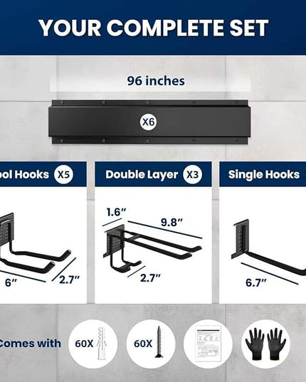 96'' All-Metal Garage Tool Organizer Wall Mount – Heavy-Duty Tool Rack Holds 960 lbs, Adjustable Hooks for Garage, Yard, and Garden Equipment