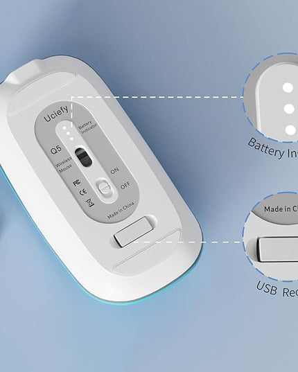 Uciefy Q5 Slim Rechargeable Wireless Mouse, 2.4G Optical Silent Ultra Thin Wireless Computer Mouse with USB Receiver and Type C Adapter, Compatible with PC, Laptop, Desktop (Blue)