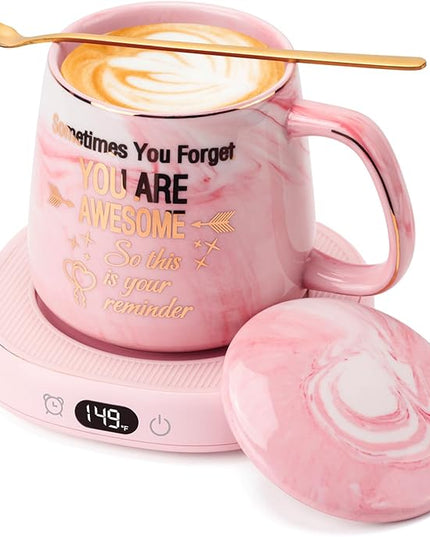 Coffee Mug Warmer & You are Awesome Mug Set, Electric Cup Warmer for Desk, Beverage Warmer with 4 Temperature Setting, 8-Hours Auto Shut Off