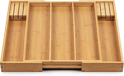 Purawood Kitchen Drawer Organizer with Knife Blocks - Utensil Drawer Organizer for Kitchen, Cutlery Tray & Silverware Organizer, 3-5 Slots - Bamboo Organizer for Utensils & Flatware (Natural)