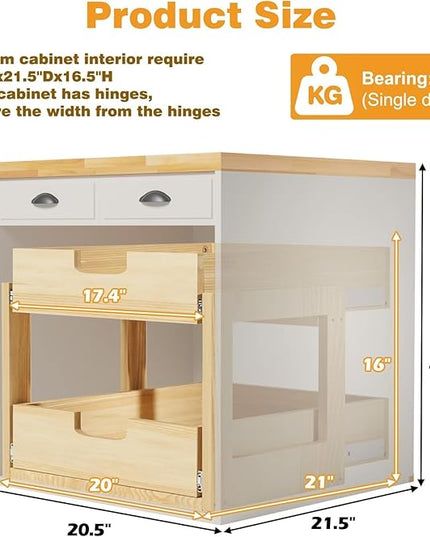 Gsskny Pull Out Cabinet Organizer, 20''W×21''D Sliding Drawers for Cabinets, 2 Tier Soft Close Slide Out Wooden Pull out Drawers, Base Cabinet Organization for Kitchen, Pantry