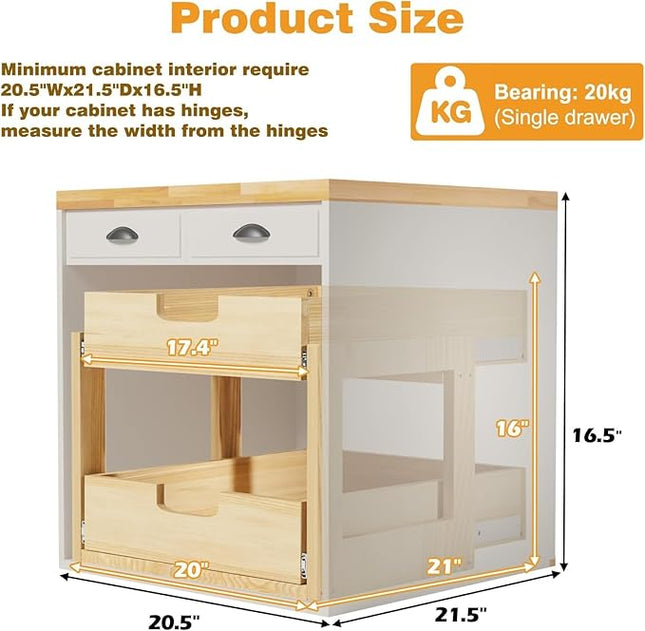Gsskny Pull Out Cabinet Organizer, 20''W×21''D Sliding Drawers for Cabinets, 2 Tier Soft Close Slide Out Wooden Pull out Drawers, Base Cabinet Organization for Kitchen, Pantry