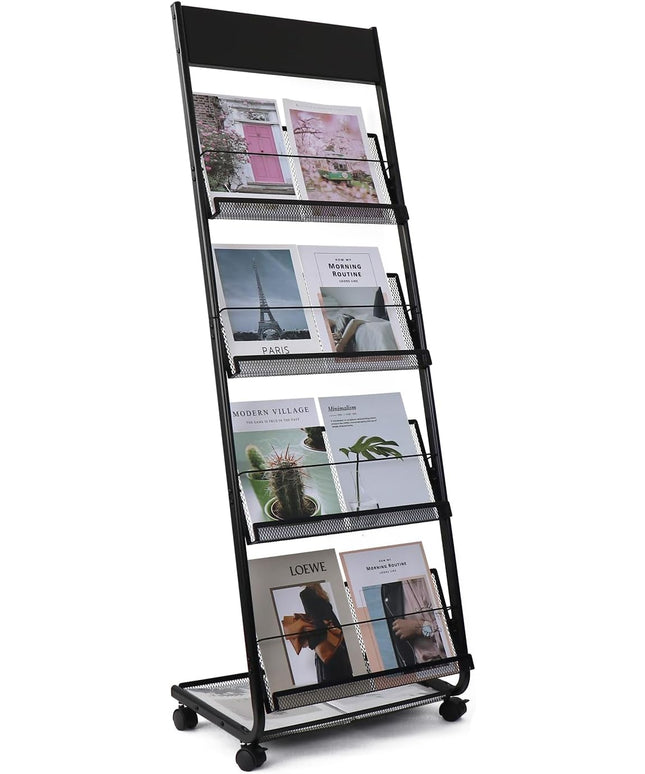 Floor-Standing Magazine Rack 4-Layer with Wheels, Brochure Display Stand for Exhibitions, Office, and Any Organization Requiring Information Display