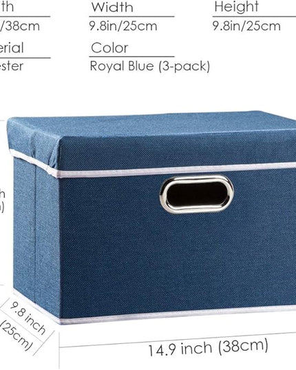 PRANDOM Collapsible Storage Bin with Lid [3-Pack] Fabric Foldable Storage Box Organizer Container Basket Cube with Cover for Home Bedroom Closet Office Nursery Royal Blue(14.9x9.8x9.8)