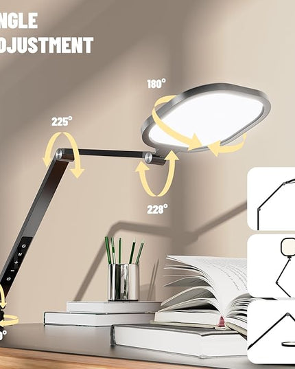 2 Packs Led Desk Lamps for Home Office, 1200LM Dimmable Clamp-on Desktop Light, Adjustable Swing Arm Ring Light with Stand, Memory & Timer Function, Eye-Caring Design
