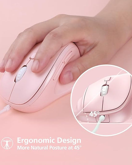 Micropack Ergonomic Mouse Wired for Laptop, PC Computer and Desktop, Ergo Mouse Vertical with Silent Clicks, Up to 3200 DPI Adjustable Mouse Sensitivity, Pink