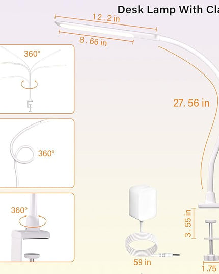 LED Desk Lamp With Clamp, 10W Gooseneck Lamps Touch Control,Swing Arm Clamp Lamp, Architect Clamp Desk Lamp Dimmable,Nail Lamp for Desk Table (White)