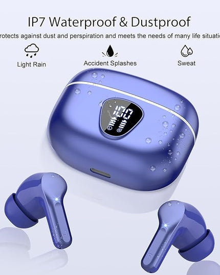 Wireless Earbuds, Bluetooth 5.4 Headphones HiFi Stereo, Bluetooth Earbuds with ENC Noise Cancelling Mic, IP7 Waterproof in Ear Earphones, 48H, LED Display Ear buds for Pad Workout Sports, Blue