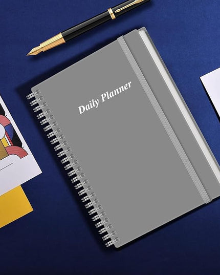 Daily Planner Undated - A5 To Do List Notebook Hourly Schedules, Spiral Appointment Planner for Women and Men, PVC Hardcover, Inner Pocket, Elastic Closure, 5.8" x 8.3", Grey