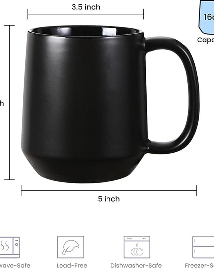 Miicol Ceramic Coffee Mug, 16 oz Large Coffee Cup, Tea Mug with Handle, Flat Bottom Mug for Men, Women, Office, Microwave and Dishwasher Safe, Multi-Color, Black