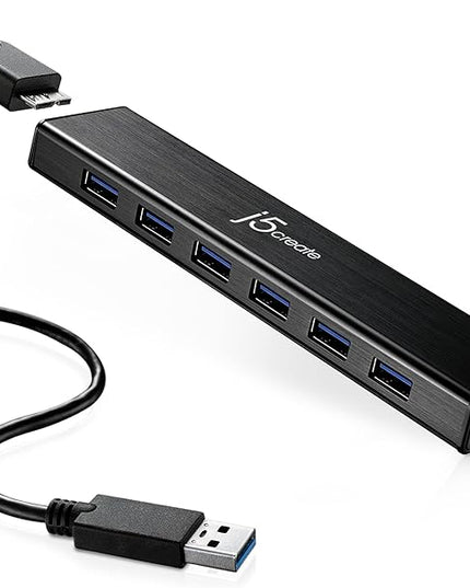 j5create 7-Port Powered USB 3.0 Data Hub with 3.3 ft Extended Cable [20W Power Adapter Included] for Mac, MacBook, Windows, Laptop, Surface, XPS, PC (JUH377)