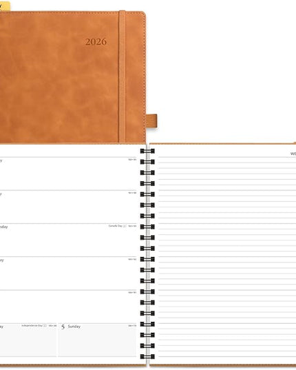 POPRUN 2026 Planner Weekly Notebook Calendar (Jan-Dec), Large Size 8.5'' x 10.5'' - Agenda 2026 Appointment Book with Monthly Tabs, Inner Pocket, Spiral Soft Cover, 100 GSM - Brown