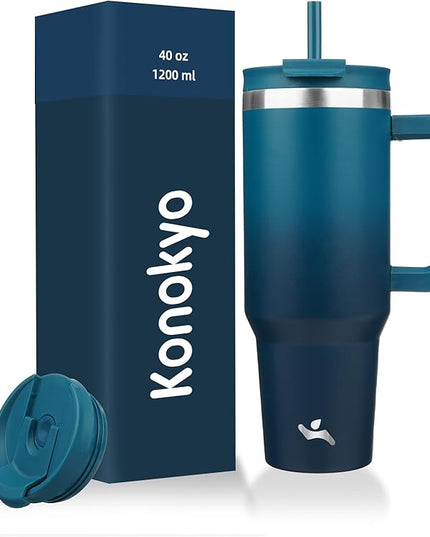 40 oz Tumbler with Handle and 2 Straws,2 in 1 Lid Insulated Water Bottle Stainless Steel Travel Coffee Mug,Indigo Black