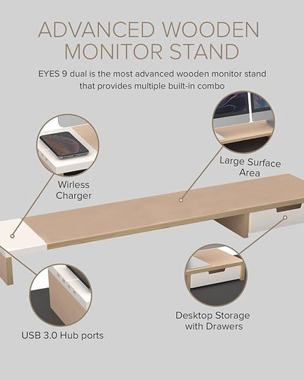 POUT E9 Dual Monitor Stand with Drawer - Wireless Charger and USB Hub (Deep Black)