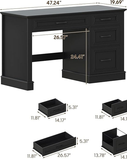 Vabches Farmhouse 47" Executive Desk with File Drawer, Computer Desk with 4 Drawers, Workstation for Study, Home Office, Writing, Pure Black.