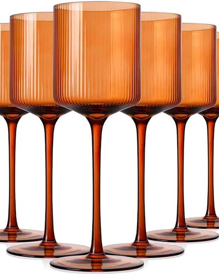 Halloween Decorations Maple Colored Square Wine Glasses Set of 6, Elegant Ribbed Design Amber Crystal Glassware with Long Stem, 11.5oz Hand Blown Stemware For Halloween, Thanksgiving