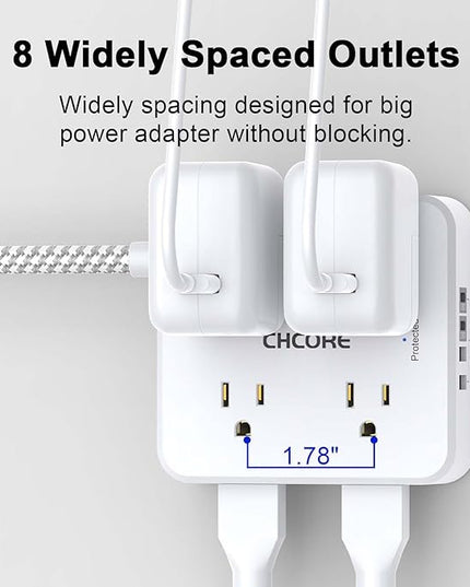 Surge Protector Power Strip - CHCORE 5Ft Braided Extension Cord with 8 Outlets with 4 USB (2 USB C) Charging Ports, Flat Plug Multi Plug Outlet Extender Charging Station for Home Office, ETL, White