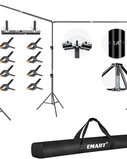 EMART Back Drop Adjustable Stand, 10x20 Backdrop Stand Heavy Duty Photography Background Support System Kit with 300° Angle Rotatable Connector and 8 Spring Clamps for Parties, Wedding, Photo Studio