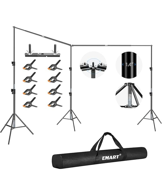 EMART Back Drop Adjustable Stand, 10x20 Backdrop Stand Heavy Duty Photography Background Support System Kit with 300° Angle Rotatable Connector and 8 Spring Clamps for Parties, Wedding, Photo Studio