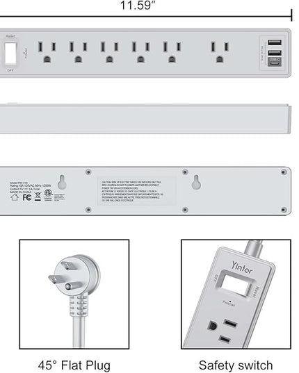 6Ft Power Strip Surge Protector - Yintar Extension Cord with 6 AC Outlets and 3 USB Ports for Home, Office, Dorm Essentials, 1680 Joules, ETL Listed, Grey