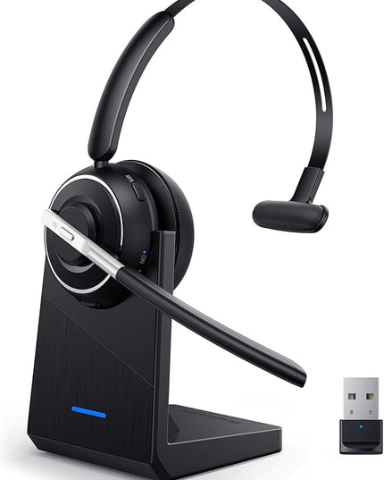 Bluetooth Headset, Wireless Headset with Microphone for PC, V5.2 Computer Headset with Noise Cancelling Mic, USB Dongle, Charging Base & Mute Button for Work, Cell Phones, Computer (Black)