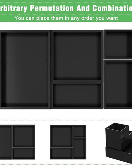 Black Bamboo Bathroom Drawer Organizer, Wooden Kitchen Utensil Holder Set of 5, Stackable Junk Drawer Organizer Tray, Multi-Use Storage Bins Boxs Dividers for Home, Office, Clothing, Makeup, Jewelry