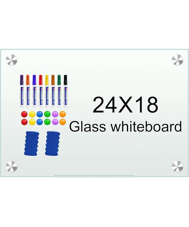 H-Qprobd White Board 24”x18“ Magnet Dry Erase Boards Frameless Magnetic Glass Whiteboard for Wall, Wall Mounted Whiteboard Includes 12 Magnets, 8 Markers and 2 Erasers