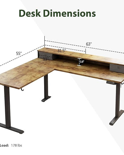 Agilestic L Shaped Electric Standing Desk with 2 Drawers, 63 Inch Ergonomic Adjustable Height Desk with Storage, Corner Desk Sit Stand up Computer Table for Work Office Home, Rustic Brown