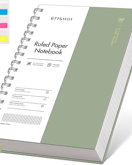 EMSHOI Lined Spiral Journal Notebook, A5 College Ruled Notebook, 300 Pages/150 Sheets, 100gsm Acid-Free Paper, Waterproof Softcover Notebook for School, Work, Note Taking, 5.7" × 8.22" - Light Green