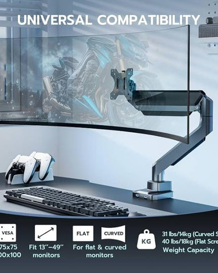 ARES WING Single Monitor Arm, Heavy Duty Adjustable Monitor Arm for 13"-49" Screens with USB, Gas Spring Desk Mount Stand with C Clamp/Grommet Mounting Base up to 40lbs Computer, Gray