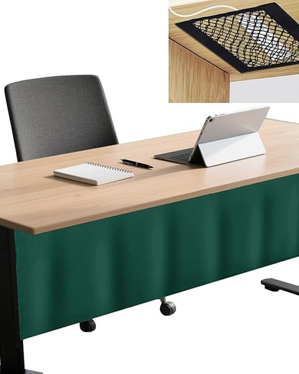 Icegrey 60.8" Under Desk Privacy Panel with Cable Management Organizer Net Self-Adhesive Modesty Panel for Cord Organizer Pockets and Desk Skirt for Home Office or Standing Workstation, Dark Green