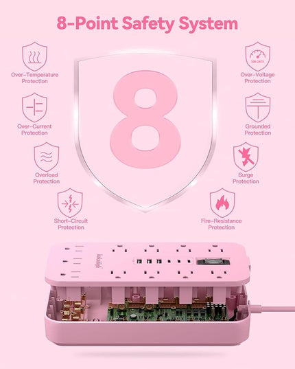 Pink Extension Cord with Multiple Outlets- 5 FT Kawaii Power Strip, Cute Extension Cord with 11 AC Outlet 6 USB (24W/4.8A), Charging Station for Cute Pink Kawaii Desk Home Room Decor Essentials Gifts