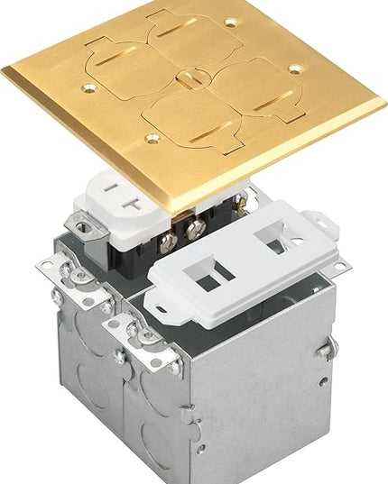 SLFB-2G-TR20-LV-BR 20A Receptacle Outlets, Tamper Resistant Electrical Floor Box with Flip Lid and Brass Cover, Retractable Recessed Socket for Kitchen, Countertops & Floors