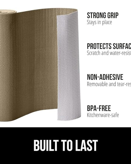 GORILLA GRIP DripGuard Shelf Liner, Non Adhesive Drawer and Kitchen Cabinet Protector, Slip Resistant BPA Free Smooth Surface Plastic Liners for Cabinets, Bathrooms, Closets, 17.5x240 Inch, Beige