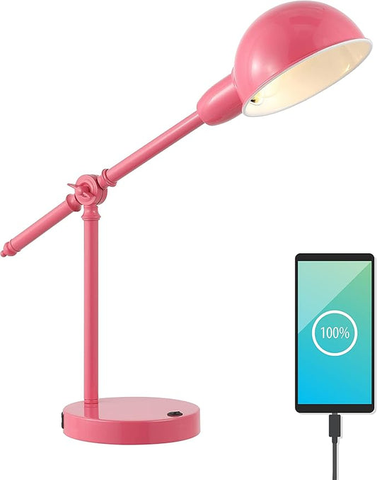 JONATHAN Y JYL7123D 20.25" Industrial Desk Lamp with USB Port, Vintage Pink Metal Task Lamp with Adjustable Dome Shade for Home Office Reading, Bedside Nightstand Lamp for Bedroom, LED Bulb Included