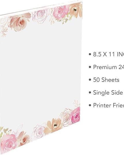 THiNKABLE Floral Stationery Paper, 50 Sheets, 8.5x11, Pink, Decorative, Writing Paper