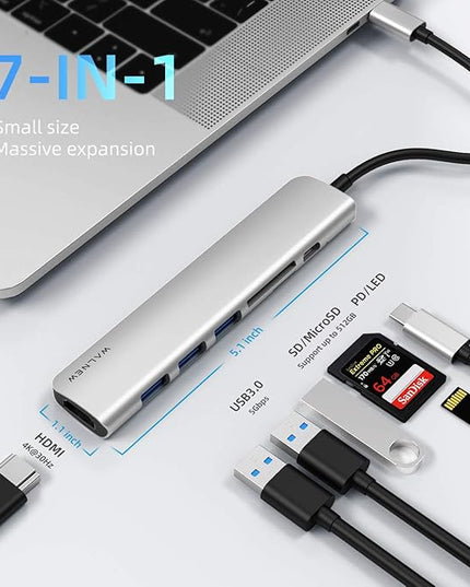 WALNEW 7-in-1 USB C Hub with 100W PD,4K HDMI,SD/TF Reader,USB 3.0, Thunderbolt 3 Dongle Multiport Adapter Type C Dock for Mac/iMac/MacBook M1 M2,iPad Pro/Air/Mini 6,Dell XPS 15 13,Chromebook Laptop