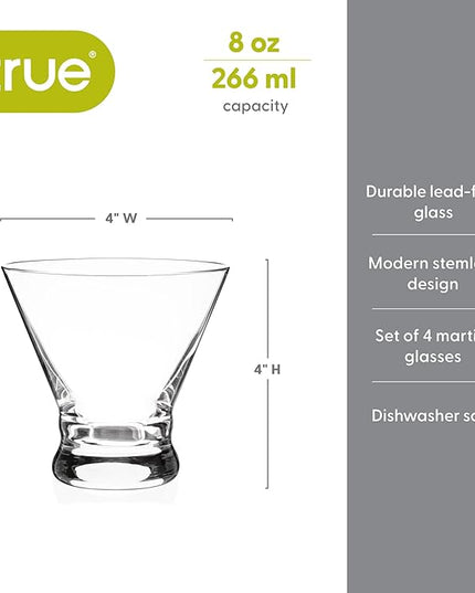 True Stemless Martini Glasses, Set of 4, 8 oz Modern Cocktail Glasses for Martinis, Manhattans, Cosmopolitans, Cocktail Glass Set, Dishwasher Safe, 8 oz, Set of 4